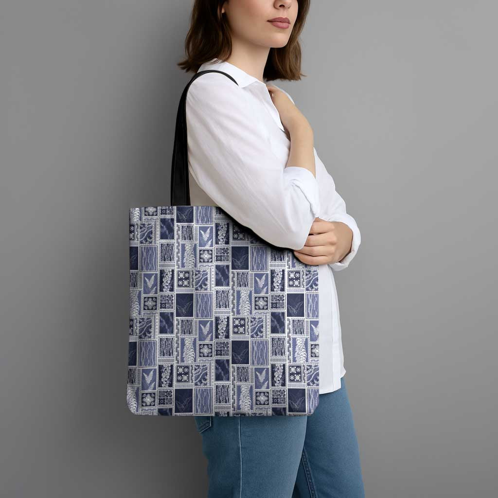 Vintage Aloha Block Quilt Tote Bag Blue Inspired Lei Motifs - Polynesian Pride