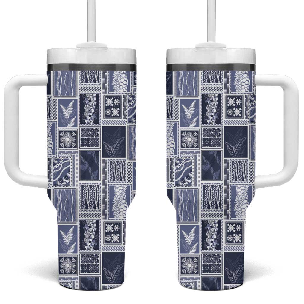 Vintage Aloha Block Quilt Tumbler With Handle Blue Inspired Lei Motifs - Polynesian Pride