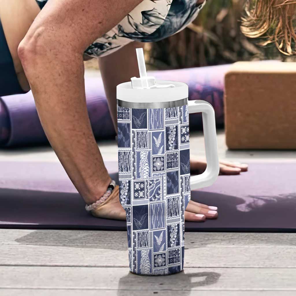 Vintage Aloha Block Quilt Tumbler With Handle Blue Inspired Lei Motifs - Polynesian Pride