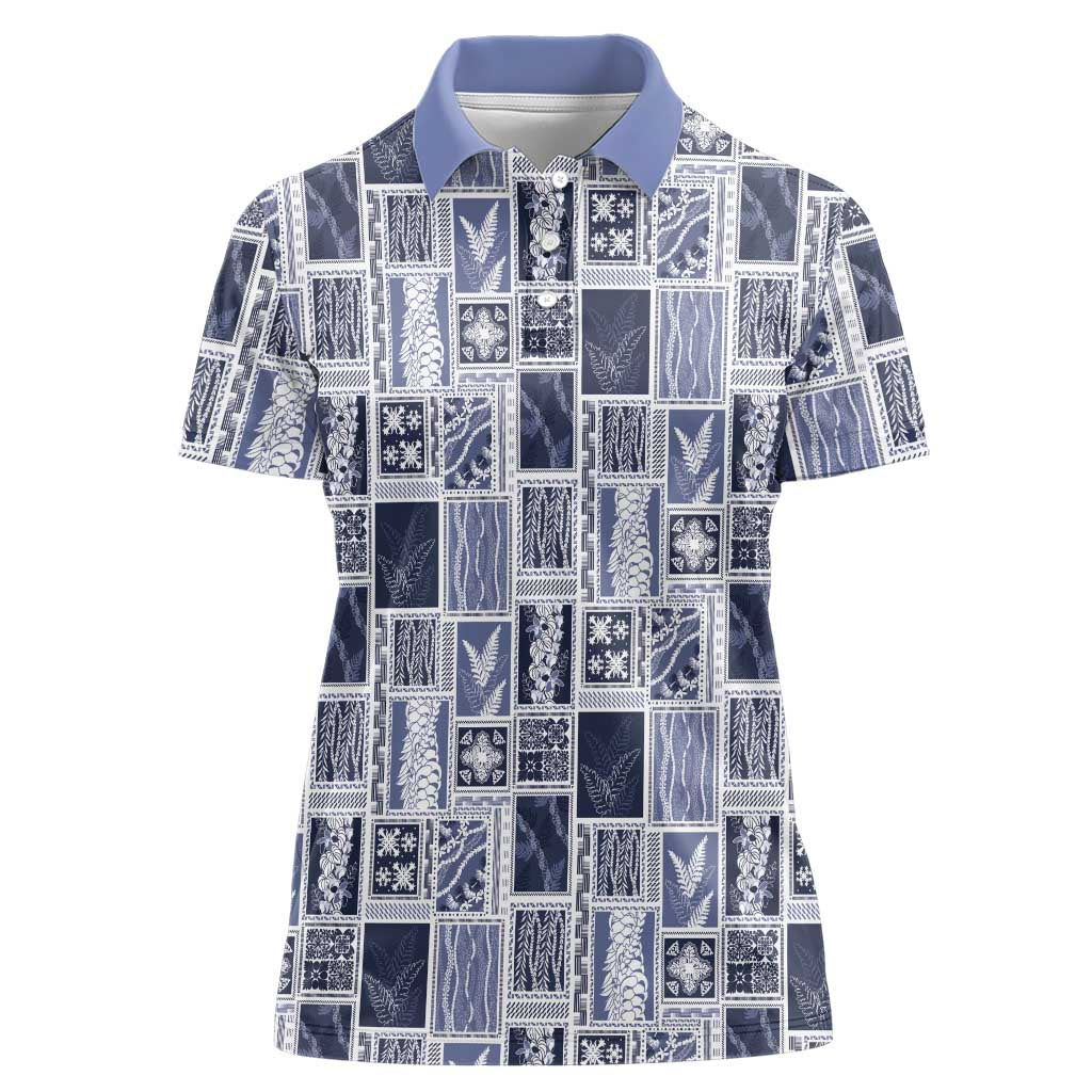 Vintage Aloha Block Quilt Women Polo Shirt Blue Inspired Lei Motifs LT9 Female Blue - Polynesian Pride