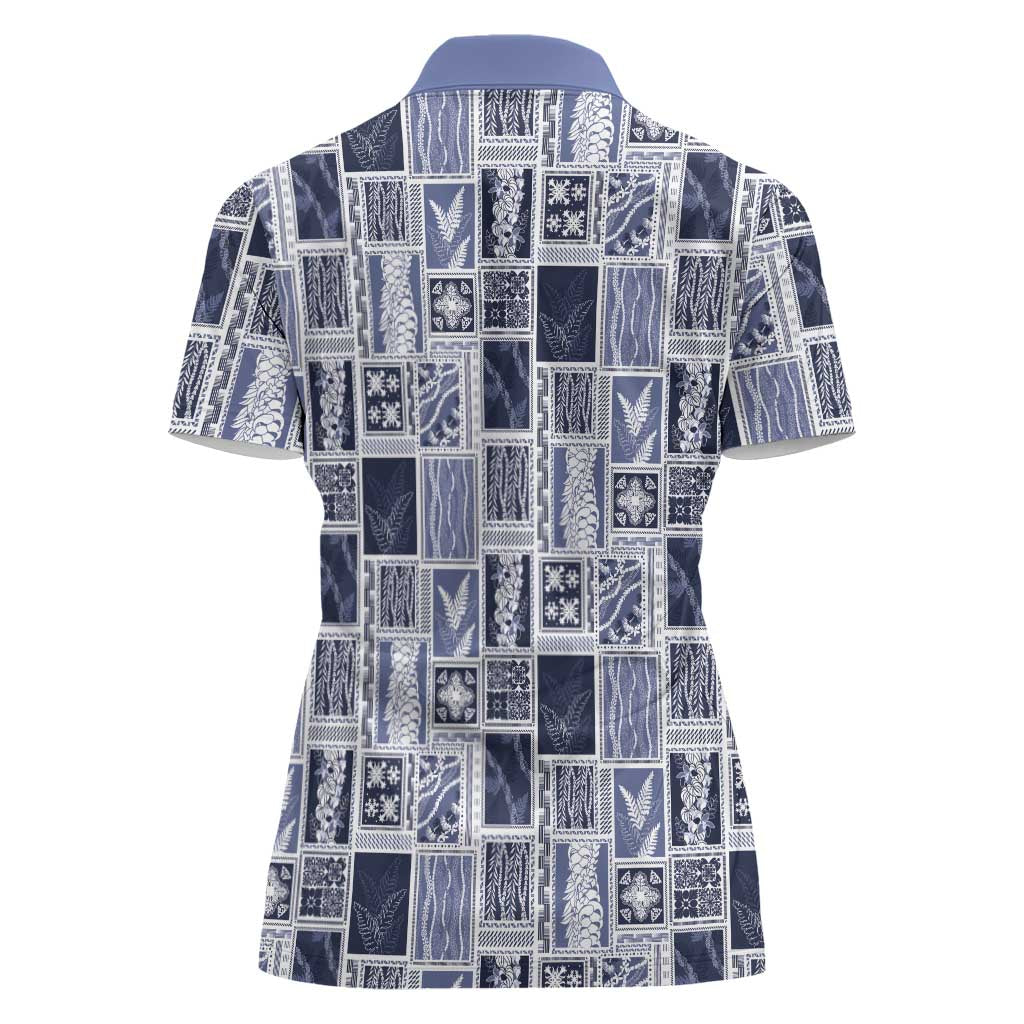 Vintage Aloha Block Quilt Women Polo Shirt Blue Inspired Lei Motifs LT9 - Polynesian Pride