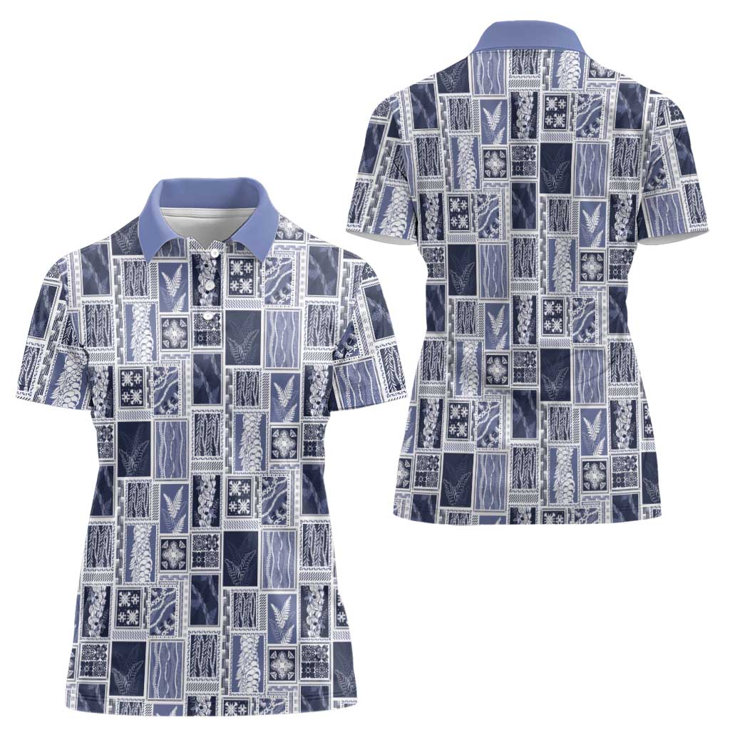 Vintage Aloha Block Quilt Women Polo Shirt Blue Inspired Lei Motifs LT9 - Polynesian Pride