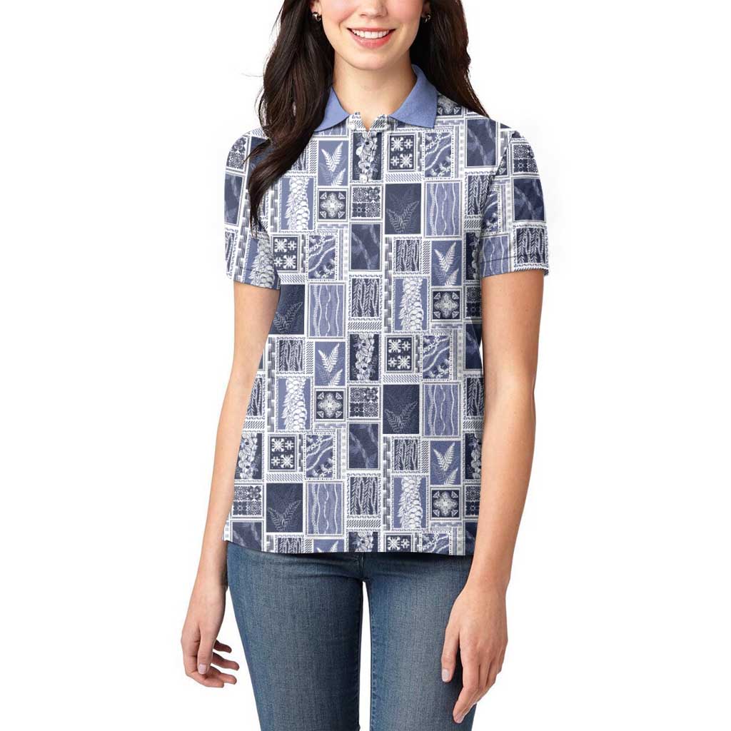 Vintage Aloha Block Quilt Women Polo Shirt Blue Inspired Lei Motifs LT9 - Polynesian Pride