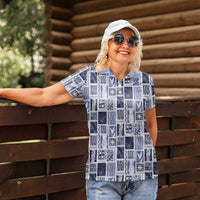Vintage Aloha Block Quilt Women Polo Shirt Blue Inspired Lei Motifs LT9 - Polynesian Pride