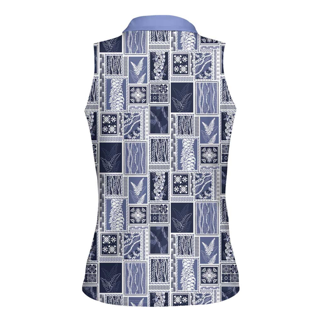 Vintage Aloha Block Quilt Women Sleeveless Polo Shirt Blue Inspired Lei Motifs LT9 - Polynesian Pride
