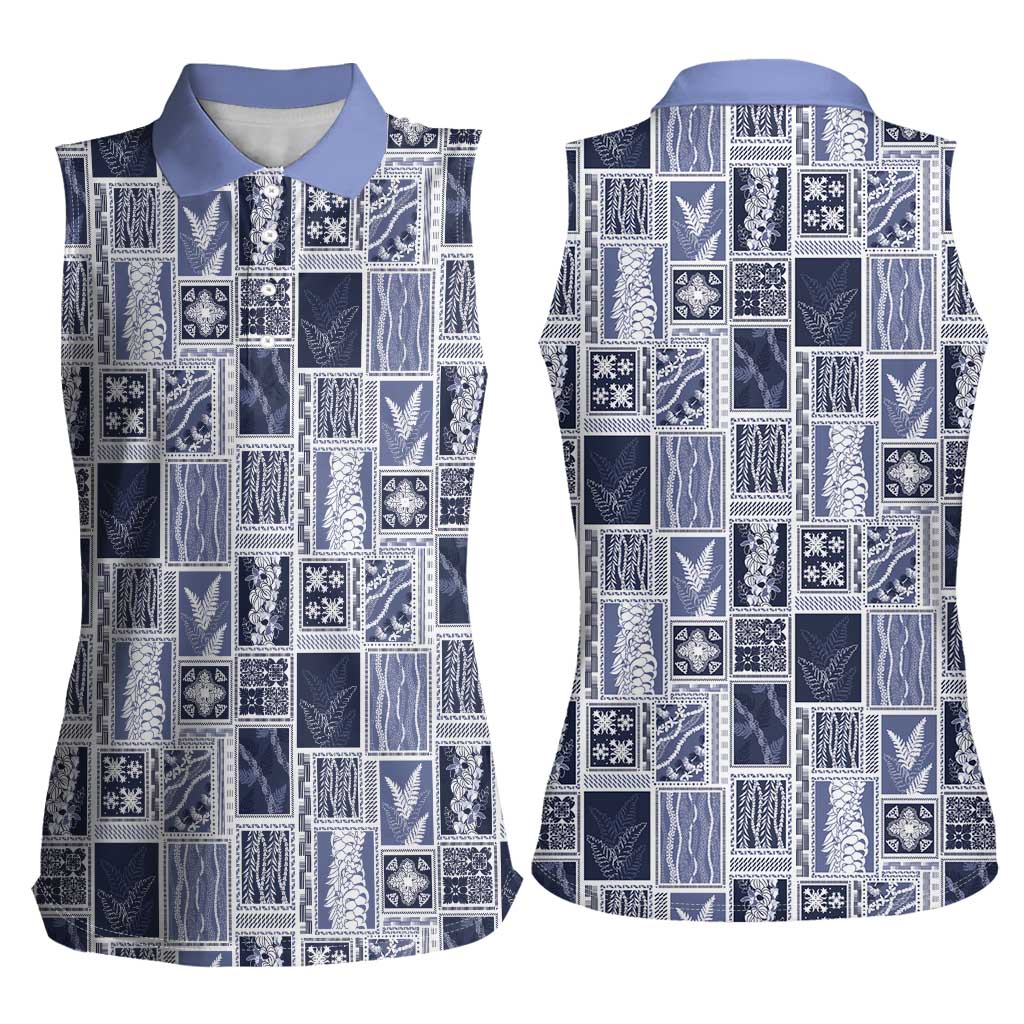 Vintage Aloha Block Quilt Women Sleeveless Polo Shirt Blue Inspired Lei Motifs LT9 - Polynesian Pride
