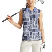 Vintage Aloha Block Quilt Women Sleeveless Polo Shirt Blue Inspired Lei Motifs LT9 - Polynesian Pride