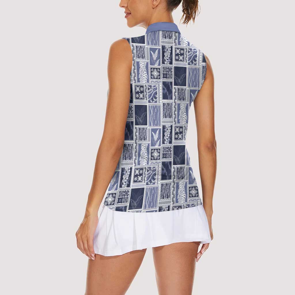Vintage Aloha Block Quilt Women Sleeveless Polo Shirt Blue Inspired Lei Motifs LT9 - Polynesian Pride