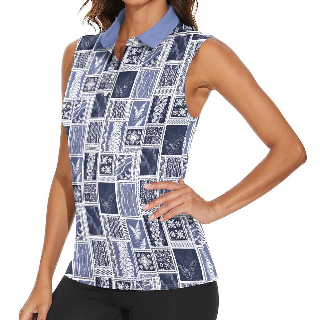 Vintage Aloha Block Quilt Women Sleeveless Polo Shirt Blue Inspired Lei Motifs LT9 - Polynesian Pride