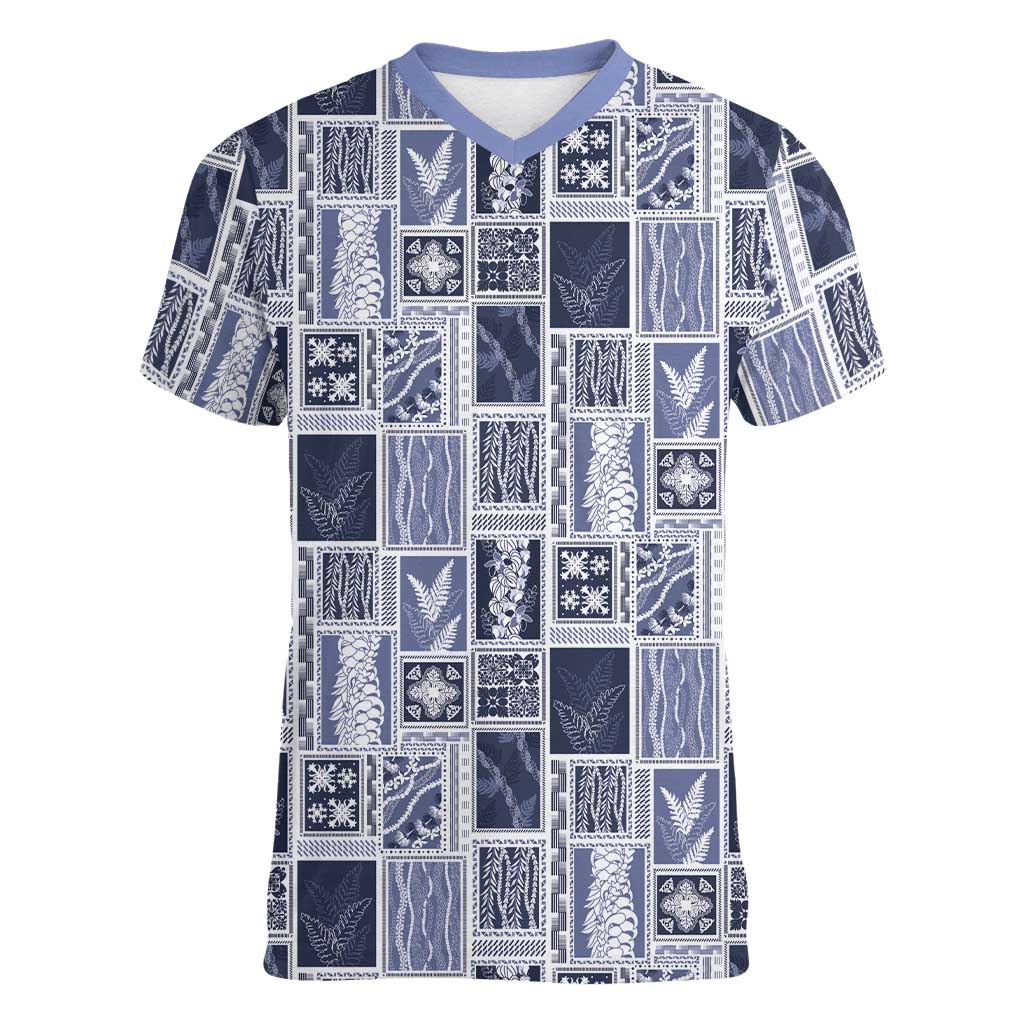 Vintage Aloha Block Quilt Women V-Neck T-Shirt Blue Inspired Lei Motifs LT9 Female Blue - Polynesian Pride