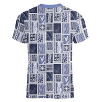 Vintage Aloha Block Quilt Women V-Neck T-Shirt Blue Inspired Lei Motifs LT9 - Polynesian Pride