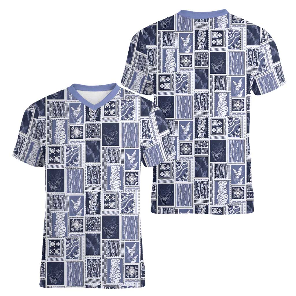 Vintage Aloha Block Quilt Women V-Neck T-Shirt Blue Inspired Lei Motifs LT9 - Polynesian Pride