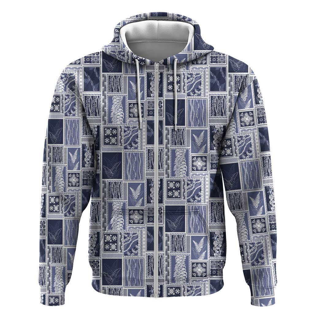 Vintage Aloha Block Quilt Zip Hoodie Blue Inspired Lei Motifs LT9 Zip Hoodie Blue - Polynesian Pride
