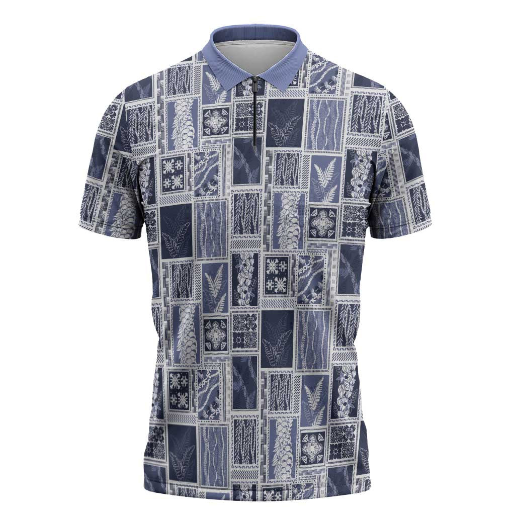 Vintage Aloha Block Quilt Zipper Polo Shirt Blue Inspired Lei Motifs - Polynesian Pride
