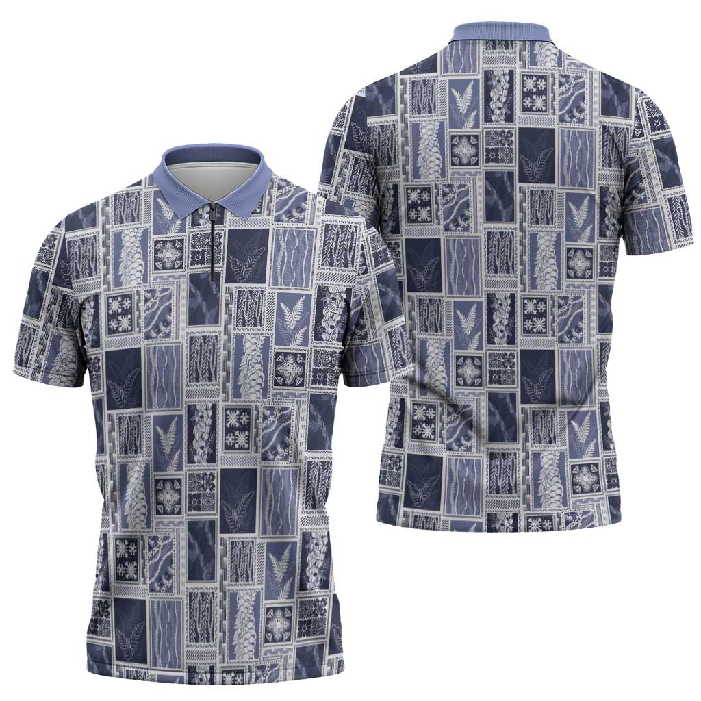 Vintage Aloha Block Quilt Zipper Polo Shirt Blue Inspired Lei Motifs - Polynesian Pride