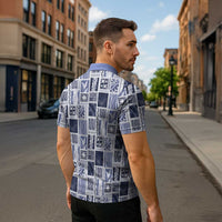 Vintage Aloha Block Quilt Zipper Polo Shirt Blue Inspired Lei Motifs - Polynesian Pride