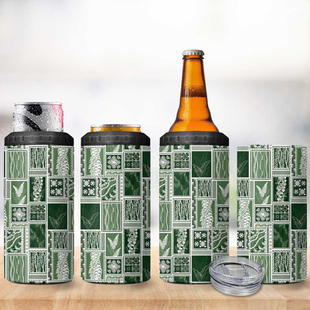 Vintage Aloha Block Quilt 4 in 1 Can Cooler Tumbler Green Inspired Lei Motifs LT9 - Polynesian Pride