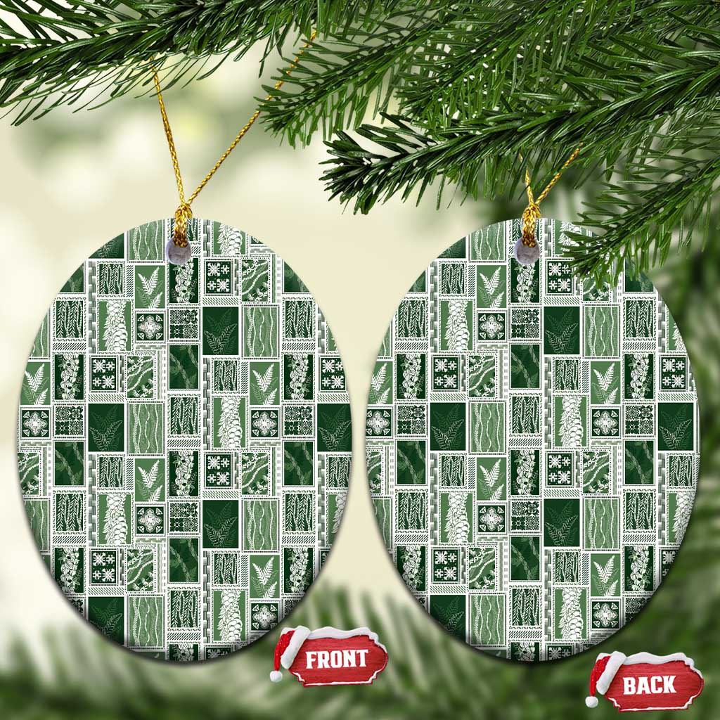 Vintage Aloha Block Quilt Ceramic Ornament Green Inspired Lei Motifs - Polynesian Pride