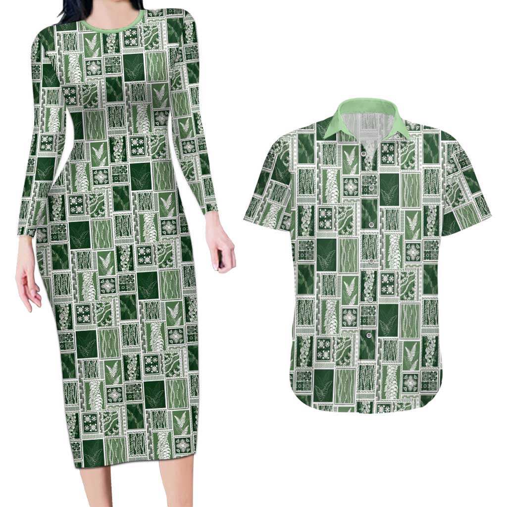 Vintage Aloha Block Quilt Couples Matching Long Sleeve Bodycon Dress and Hawaiian Shirt Green Inspired Lei Motifs LT9 Green - Polynesian Pride