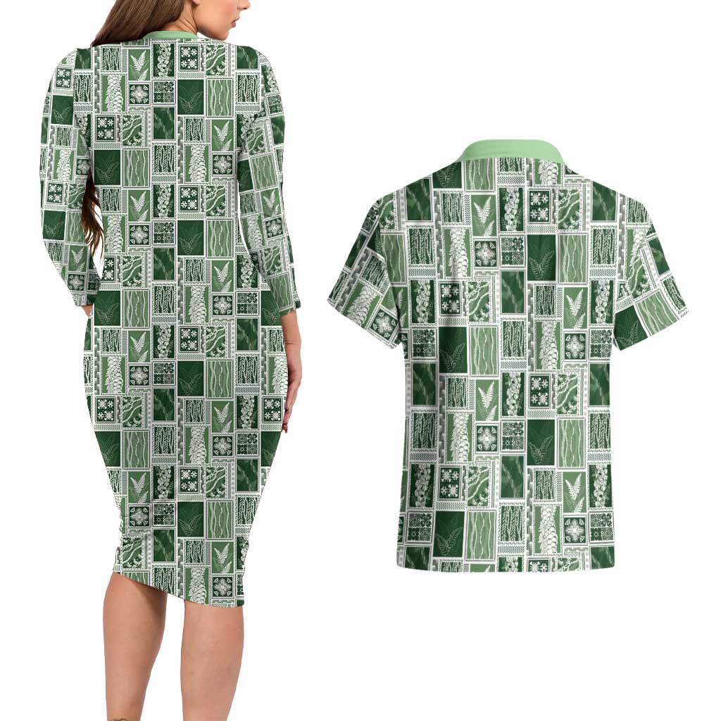 Vintage Aloha Block Quilt Couples Matching Long Sleeve Bodycon Dress and Hawaiian Shirt Green Inspired Lei Motifs LT9 - Polynesian Pride