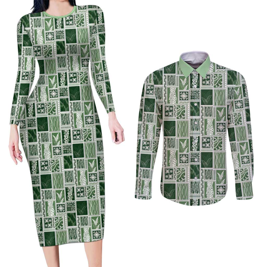 Vintage Aloha Block Quilt Couples Matching Long Sleeve Bodycon Dress and Long Sleeve Button Shirt Green Inspired Lei Motifs LT9 Green - Polynesian Pride