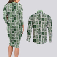 Vintage Aloha Block Quilt Couples Matching Long Sleeve Bodycon Dress and Long Sleeve Button Shirt Green Inspired Lei Motifs LT9 - Polynesian Pride