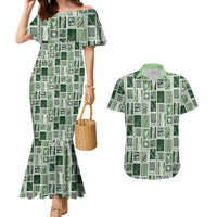 Vintage Aloha Block Quilt Couples Matching Mermaid Dress and Hawaiian Shirt Green Inspired Lei Motifs LT9 Green - Polynesian Pride