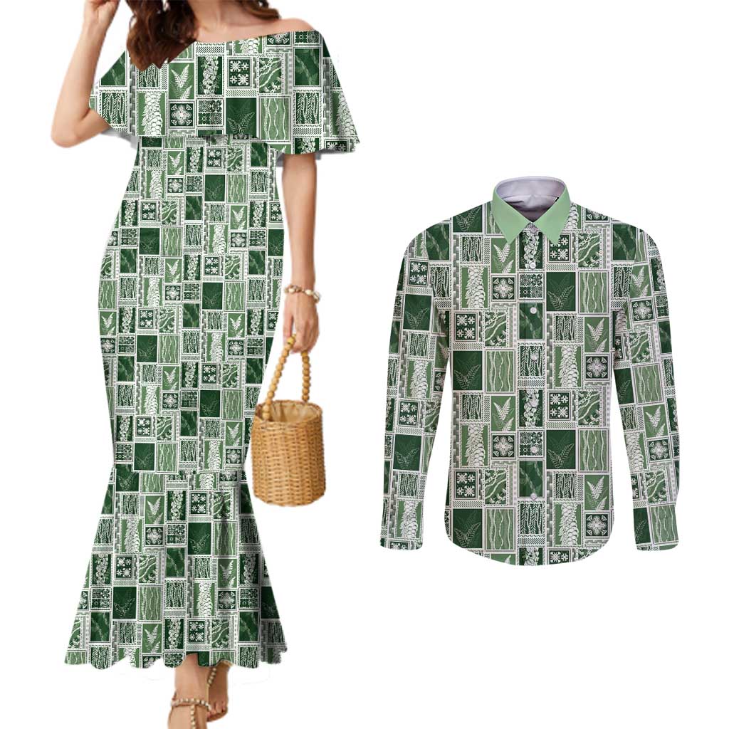 Vintage Aloha Block Quilt Couples Matching Mermaid Dress and Long Sleeve Button Shirt Green Inspired Lei Motifs LT9 Green - Polynesian Pride