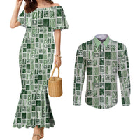 Vintage Aloha Block Quilt Couples Matching Mermaid Dress and Long Sleeve Button Shirt Green Inspired Lei Motifs LT9 Green - Polynesian Pride