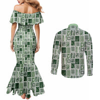 Vintage Aloha Block Quilt Couples Matching Mermaid Dress and Long Sleeve Button Shirt Green Inspired Lei Motifs LT9 - Polynesian Pride