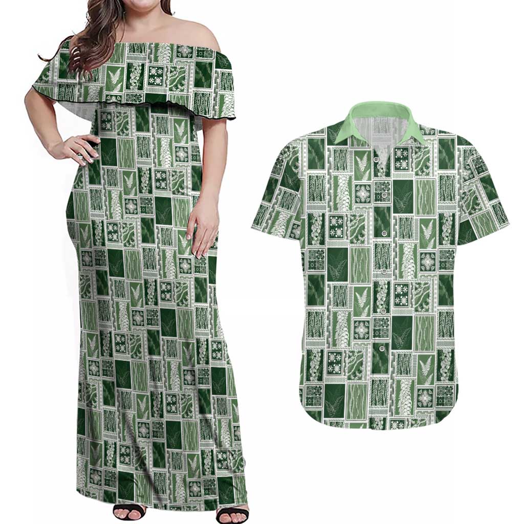 Vintage Aloha Block Quilt Couples Matching Off Shoulder Maxi Dress and Hawaiian Shirt Green Inspired Lei Motifs - Polynesian Pride