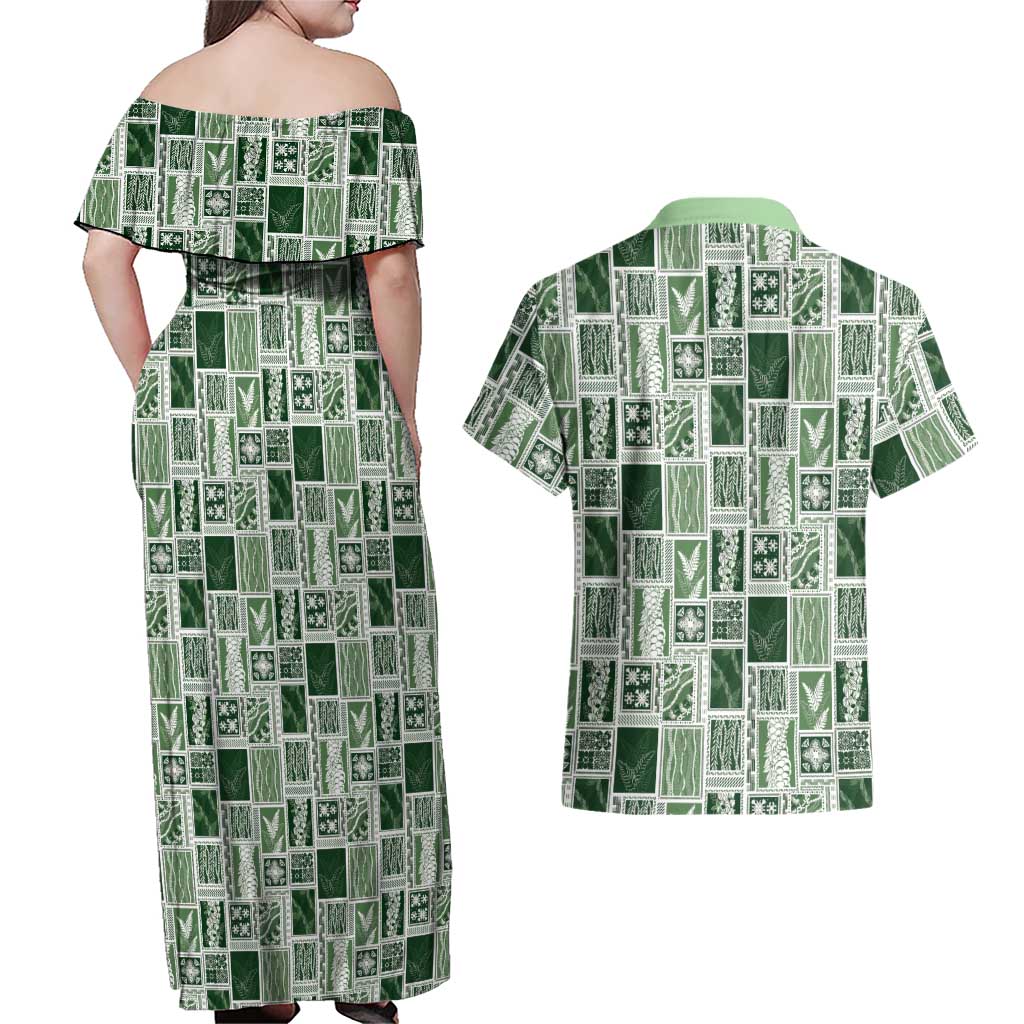 Vintage Aloha Block Quilt Couples Matching Off Shoulder Maxi Dress and Hawaiian Shirt Green Inspired Lei Motifs LT9 - Polynesian Pride
