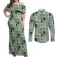 Vintage Aloha Block Quilt Couples Matching Off Shoulder Maxi Dress and Long Sleeve Button Shirt Green Inspired Lei Motifs LT9 Green - Polynesian Pride
