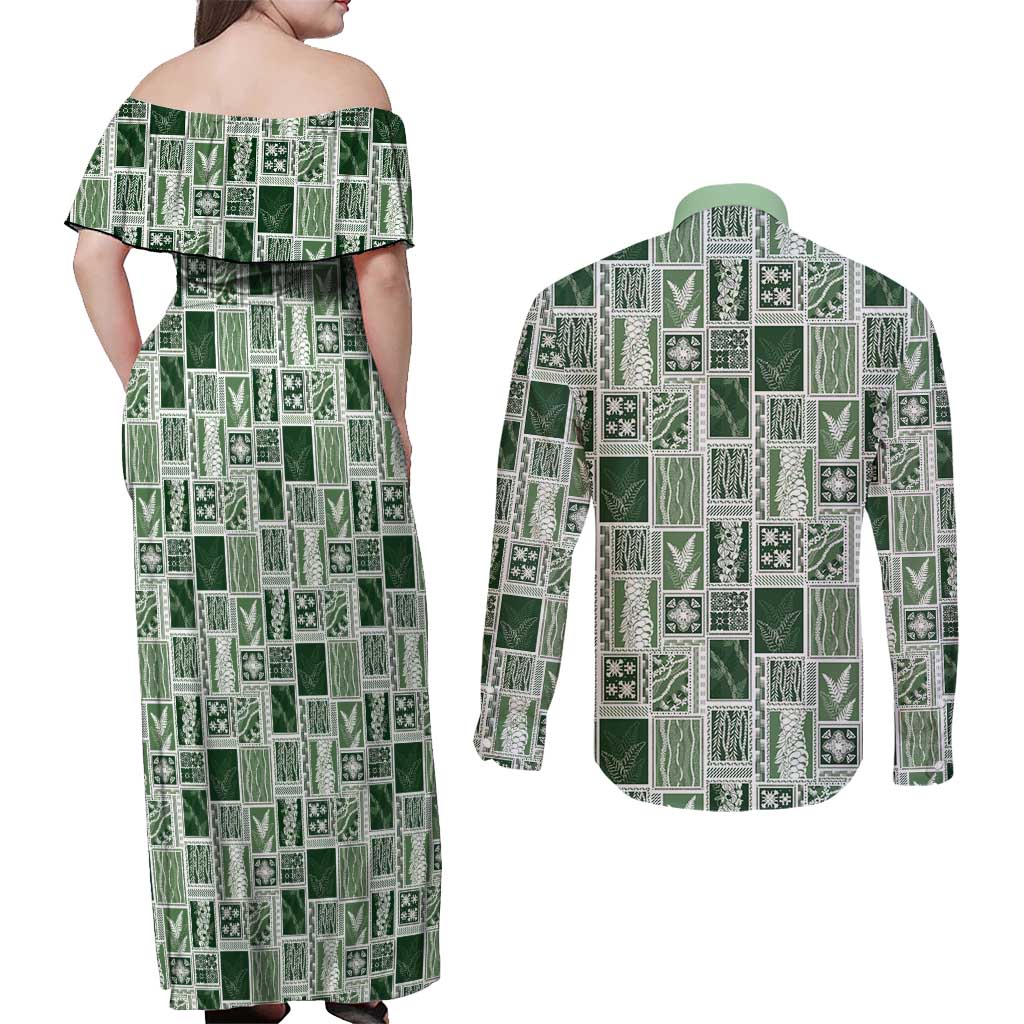 Vintage Aloha Block Quilt Couples Matching Off Shoulder Maxi Dress and Long Sleeve Button Shirt Green Inspired Lei Motifs LT9 - Polynesian Pride