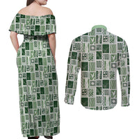 Vintage Aloha Block Quilt Couples Matching Off Shoulder Maxi Dress and Long Sleeve Button Shirt Green Inspired Lei Motifs LT9 - Polynesian Pride
