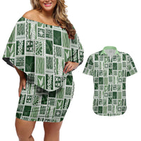 Vintage Aloha Block Quilt Couples Matching Off Shoulder Short Dress and Hawaiian Shirt Green Inspired Lei Motifs LT9 Green - Polynesian Pride