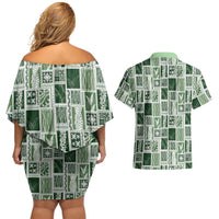 Vintage Aloha Block Quilt Couples Matching Off Shoulder Short Dress and Hawaiian Shirt Green Inspired Lei Motifs LT9 - Polynesian Pride