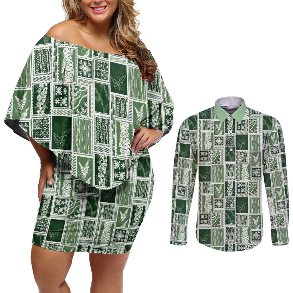 Vintage Aloha Block Quilt Couples Matching Off Shoulder Short Dress and Long Sleeve Button Shirt Green Inspired Lei Motifs LT9 Green - Polynesian Pride