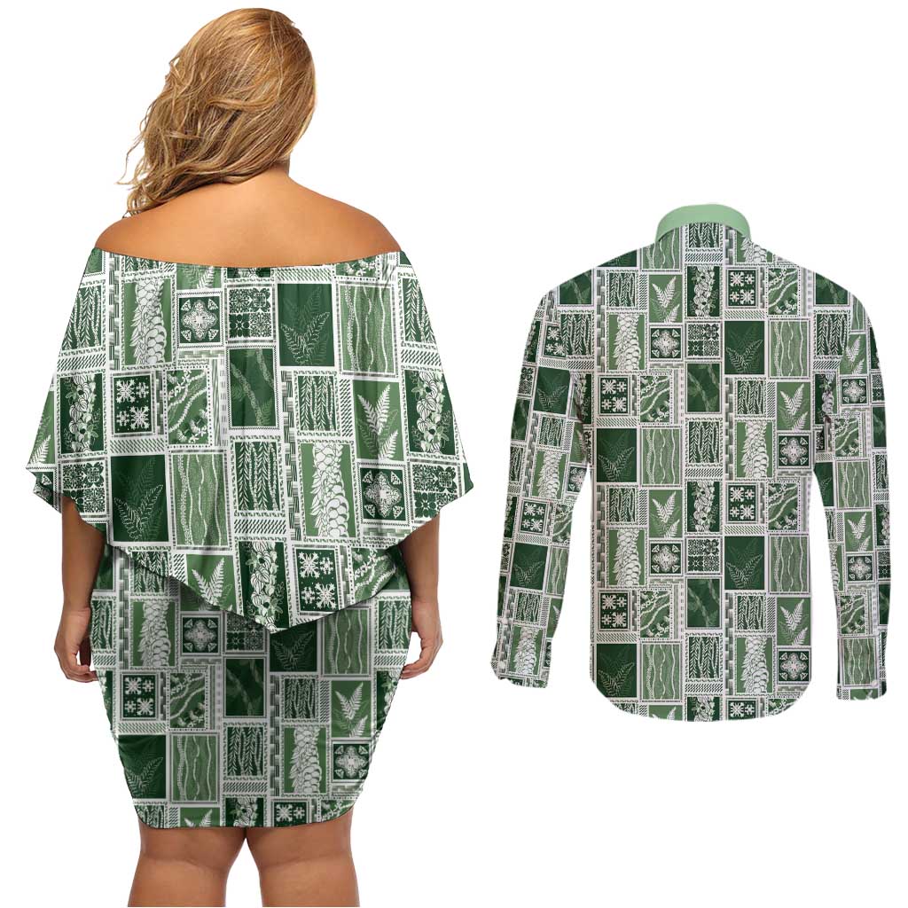 Vintage Aloha Block Quilt Couples Matching Off Shoulder Short Dress and Long Sleeve Button Shirt Green Inspired Lei Motifs LT9 - Polynesian Pride