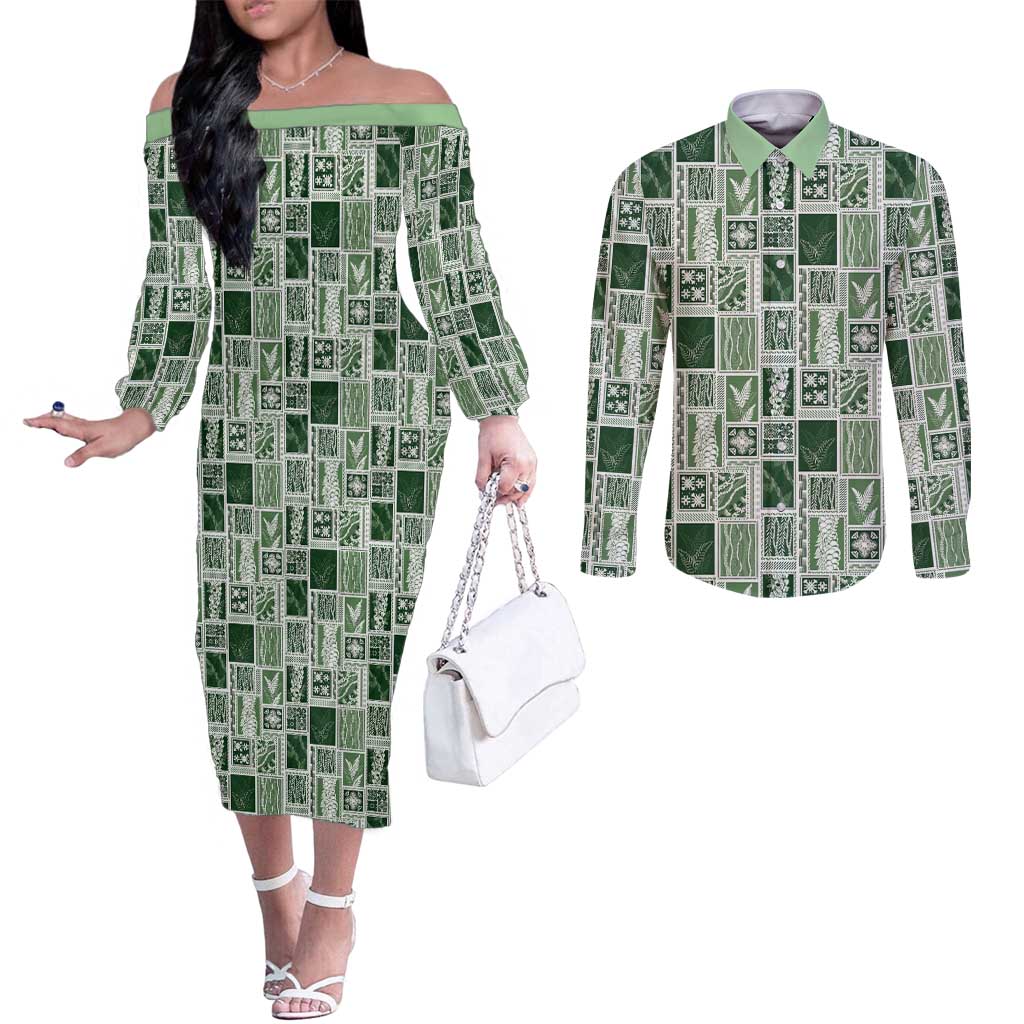 Vintage Aloha Block Quilt Couples Matching Off The Shoulder Long Sleeve Dress and Long Sleeve Button Shirt Green Inspired Lei Motifs LT9 Green - Polynesian Pride