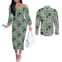 Vintage Aloha Block Quilt Couples Matching Off The Shoulder Long Sleeve Dress and Long Sleeve Button Shirt Green Inspired Lei Motifs LT9 Green - Polynesian Pride