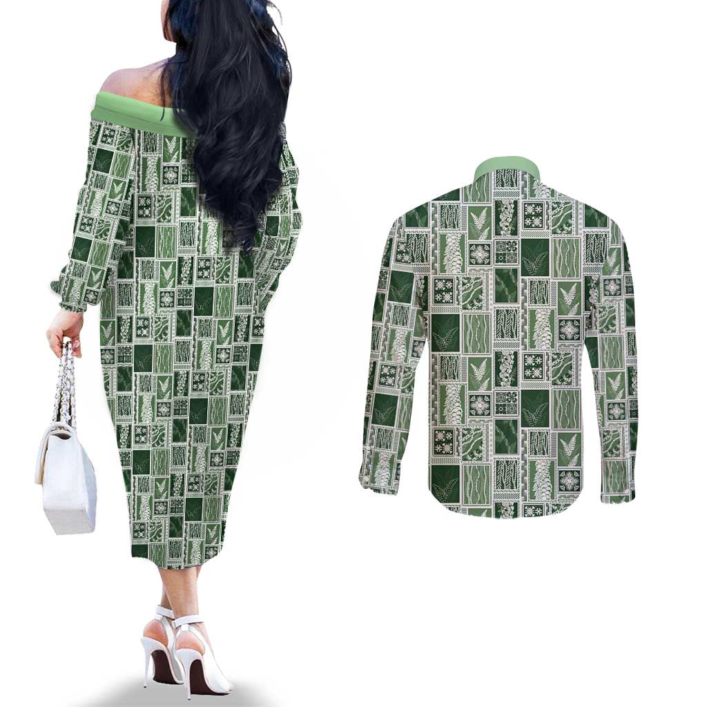 Vintage Aloha Block Quilt Couples Matching Off The Shoulder Long Sleeve Dress and Long Sleeve Button Shirt Green Inspired Lei Motifs LT9 - Polynesian Pride