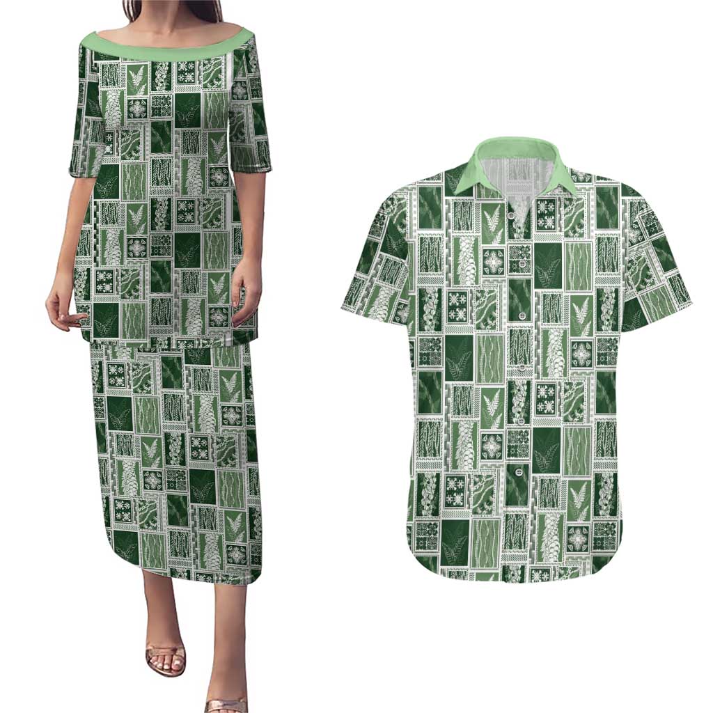 Vintage Aloha Block Quilt Couples Matching Puletasi and Hawaiian Shirt Green Inspired Lei Motifs LT9 Green - Polynesian Pride