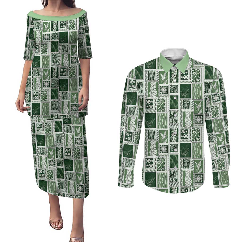 Vintage Aloha Block Quilt Couples Matching Puletasi and Long Sleeve Button Shirt Green Inspired Lei Motifs LT9 Green - Polynesian Pride