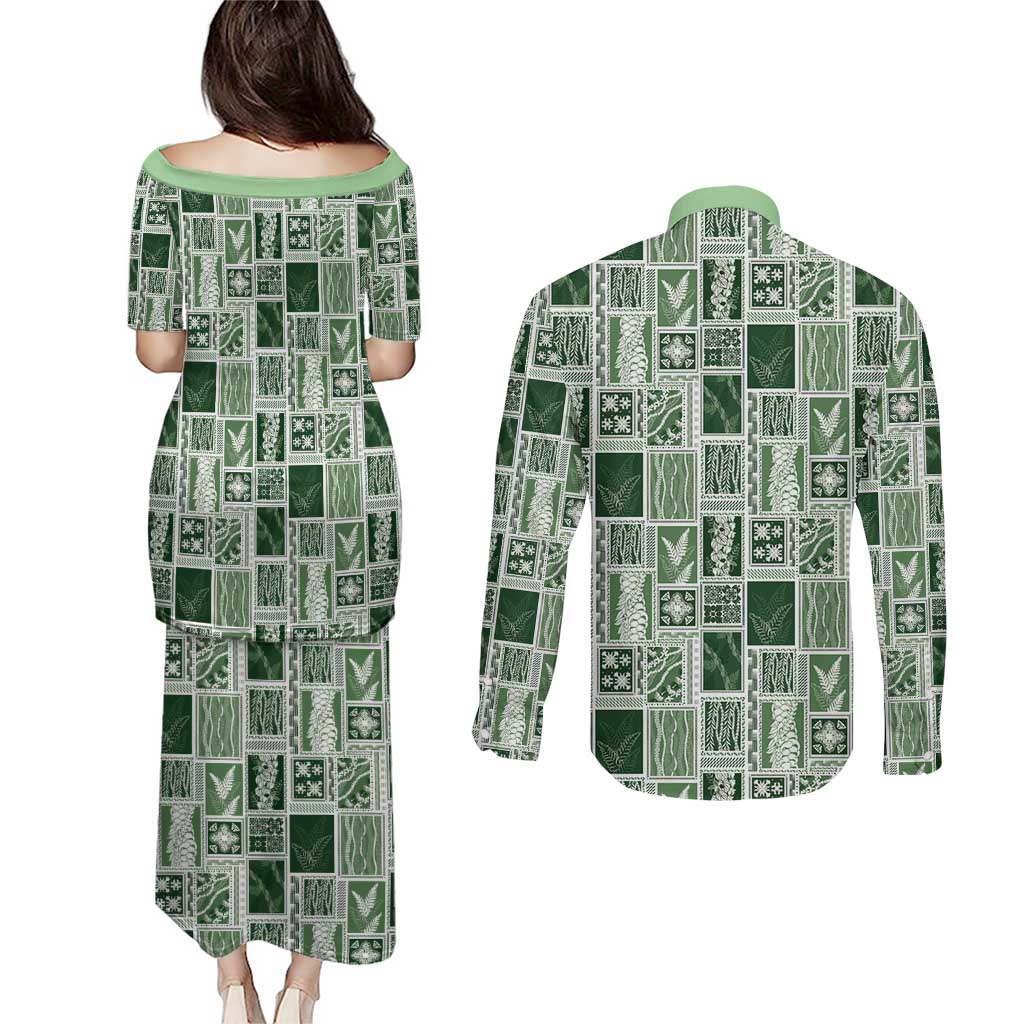 Vintage Aloha Block Quilt Couples Matching Puletasi and Long Sleeve Button Shirt Green Inspired Lei Motifs LT9 - Polynesian Pride
