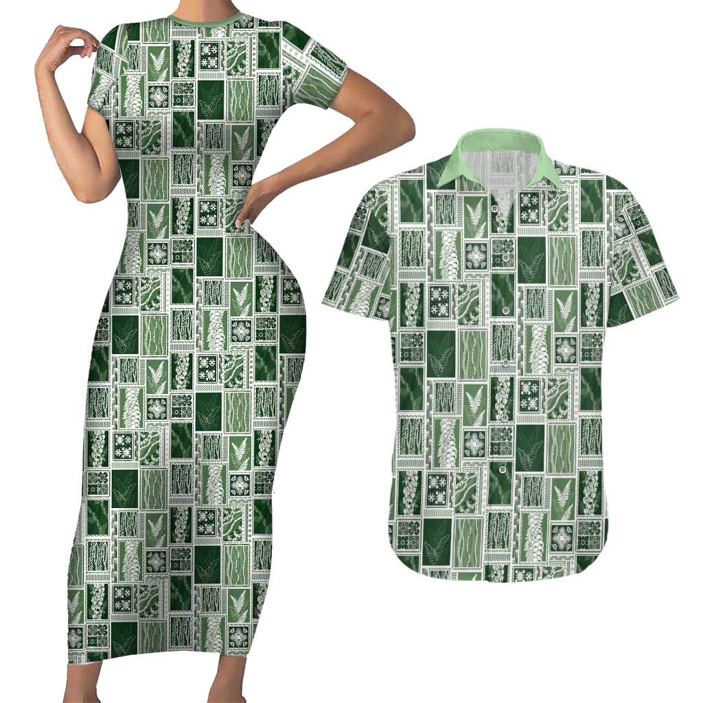 Vintage Aloha Block Quilt Couples Matching Short Sleeve Bodycon Dress and Hawaiian Shirt Green Inspired Lei Motifs - Polynesian Pride