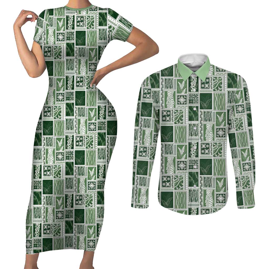 Vintage Aloha Block Quilt Couples Matching Short Sleeve Bodycon Dress and Long Sleeve Button Shirt Green Inspired Lei Motifs LT9 Green - Polynesian Pride