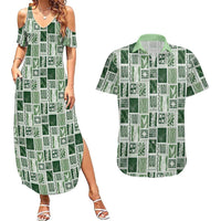 Vintage Aloha Block Quilt Couples Matching Summer Maxi Dress and Hawaiian Shirt Green Inspired Lei Motifs LT9 Green - Polynesian Pride