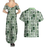 Vintage Aloha Block Quilt Couples Matching Summer Maxi Dress and Hawaiian Shirt Green Inspired Lei Motifs LT9 - Polynesian Pride
