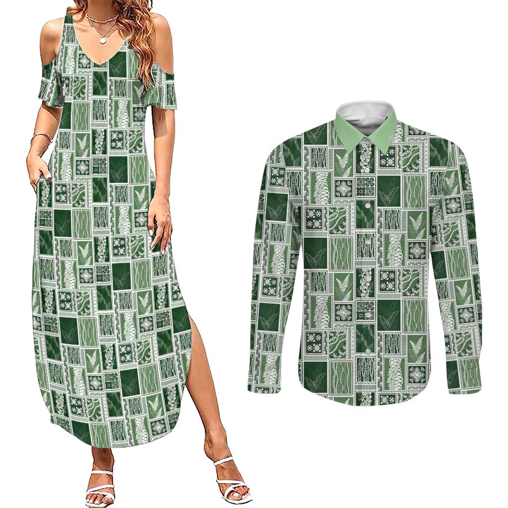 Vintage Aloha Block Quilt Couples Matching Summer Maxi Dress and Long Sleeve Button Shirt Green Inspired Lei Motifs LT9 Green - Polynesian Pride